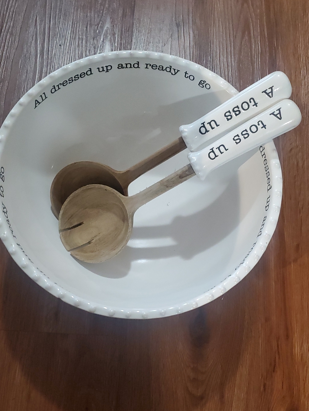 Mud Pie White Ceramic Salad Bowl with White Handle Serving Spoons